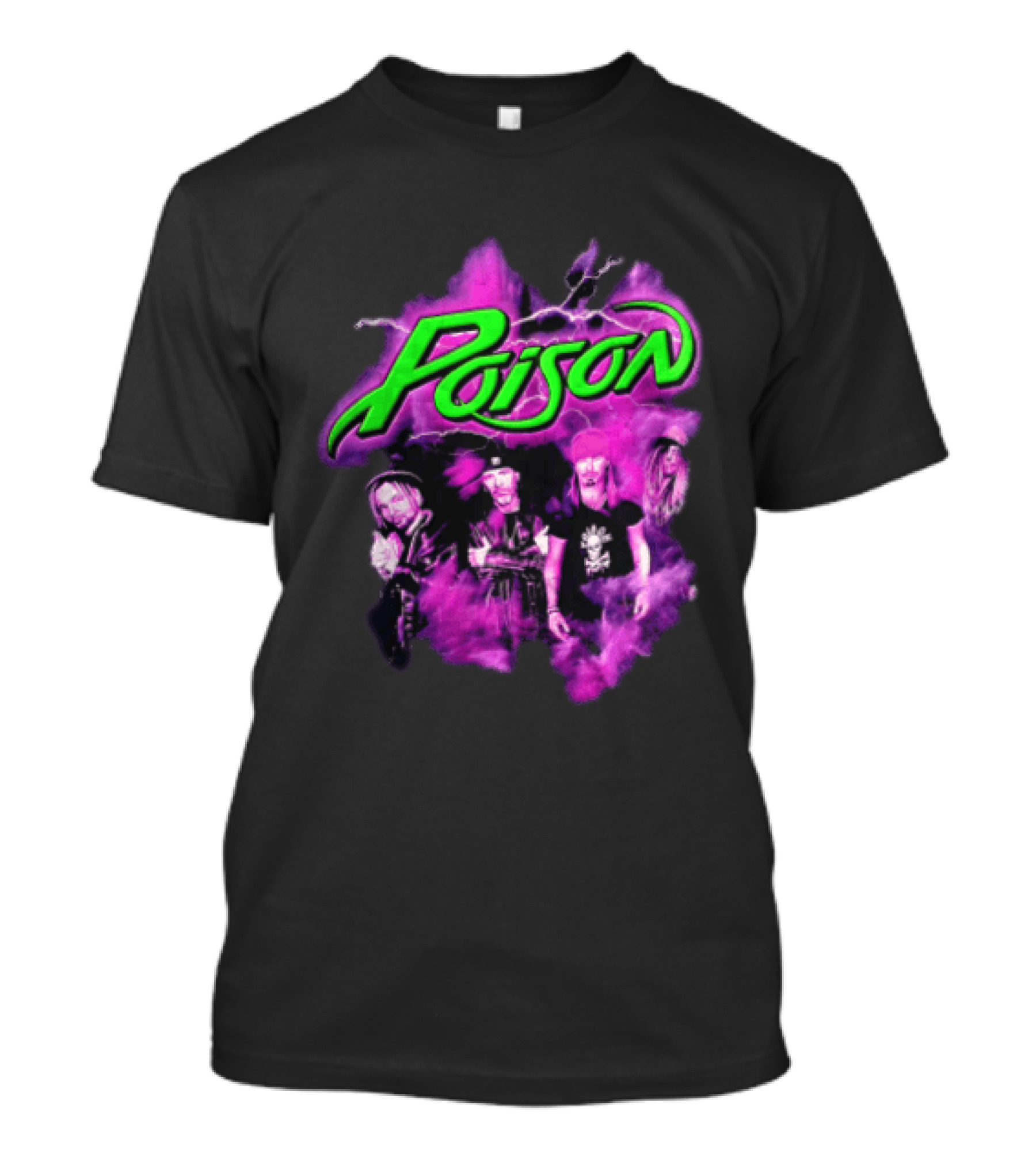 Poison Band Members Graphic With Neon Green Logo And Purple Aura T-Shirt