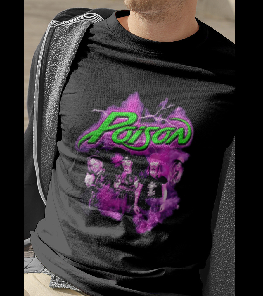 Poison Band Members Graphic With Neon Green Logo And Purple Aura T-Shirt