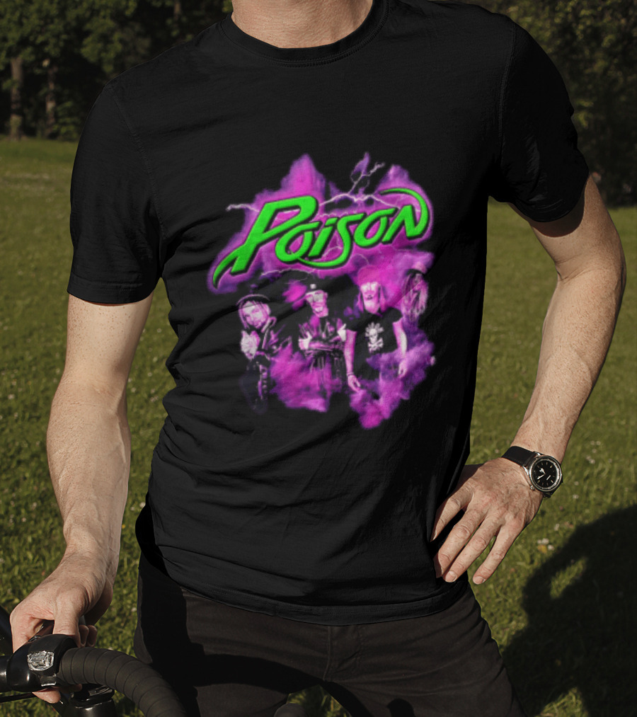Poison Band Members Graphic With Neon Green Logo And Purple Aura T-Shirt