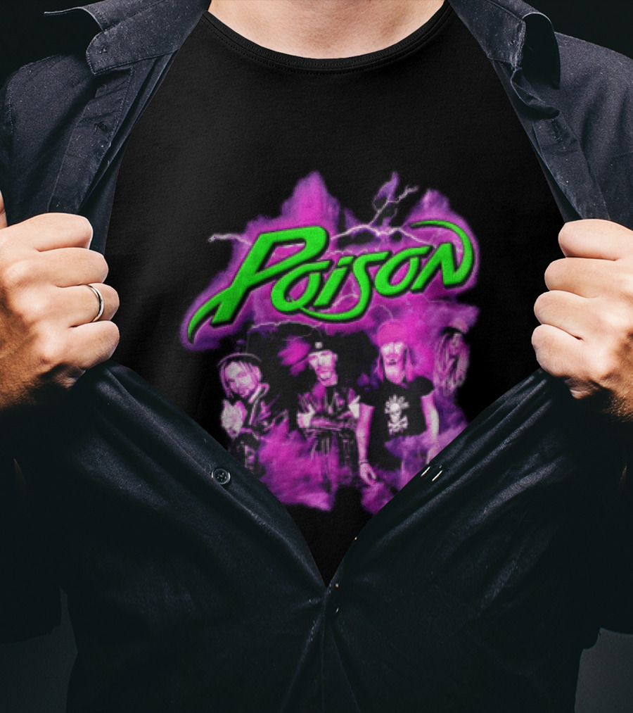 Poison Band Members Graphic With Neon Green Logo And Purple Aura T-Shirt