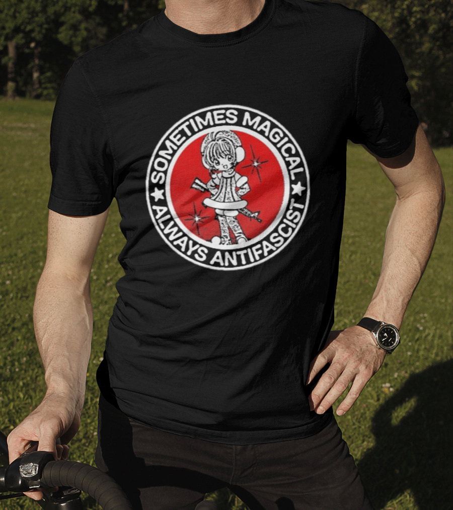 Sometimes Magical Always Antifascist With Starry Cartoon Character In Red Circle T-Shirt