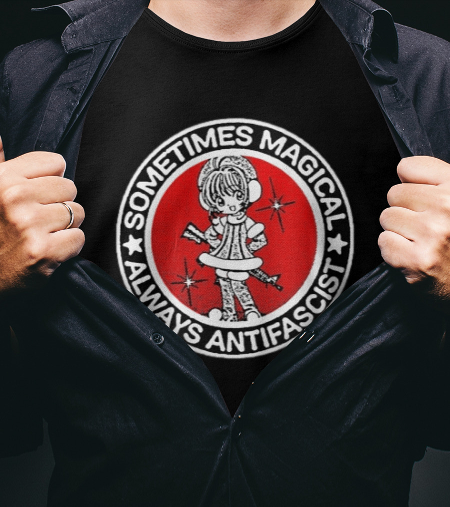 Sometimes Magical Always Antifascist With Starry Cartoon Character In Red Circle T-Shirt