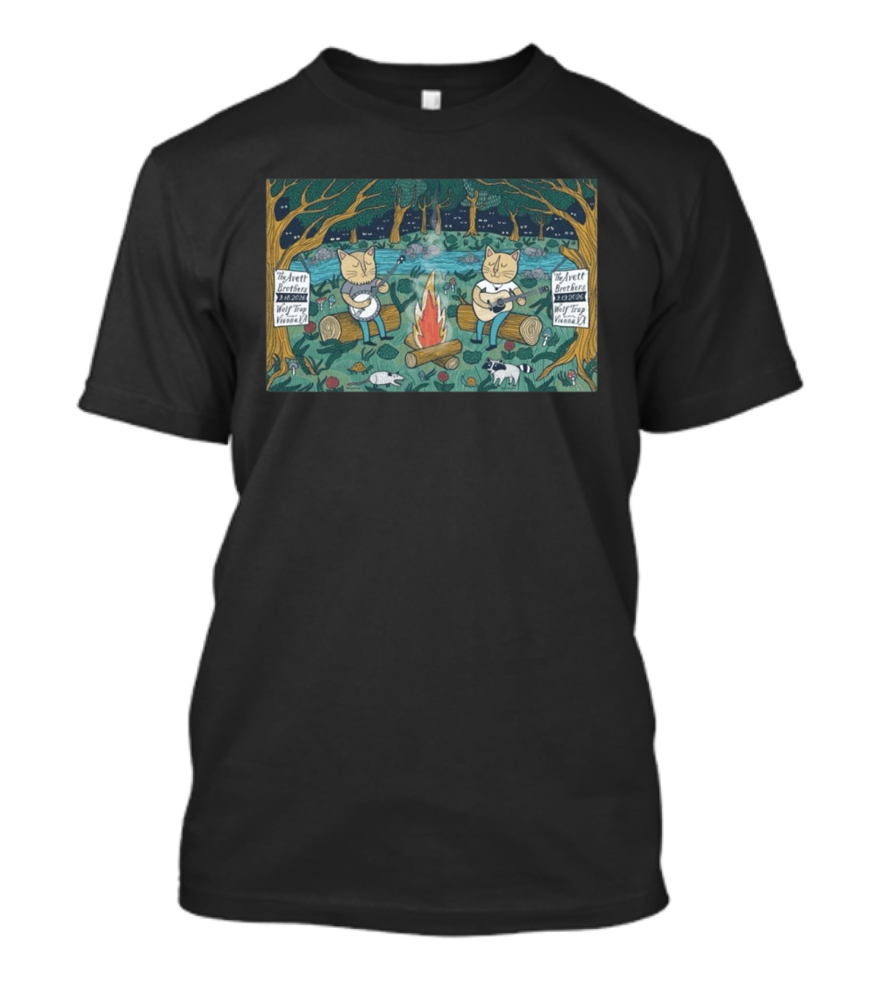 The Avett Brothers Wolf Trap Vienna 2026 Show Cats Playing Instruments Camping Scene T-Shirt