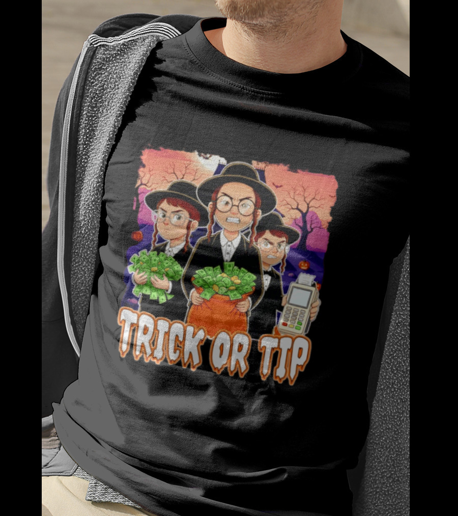 Trick Or Tip Halloween Money Bag Cartoon Characters Holding Cash And Payment Terminal T-Shirt
