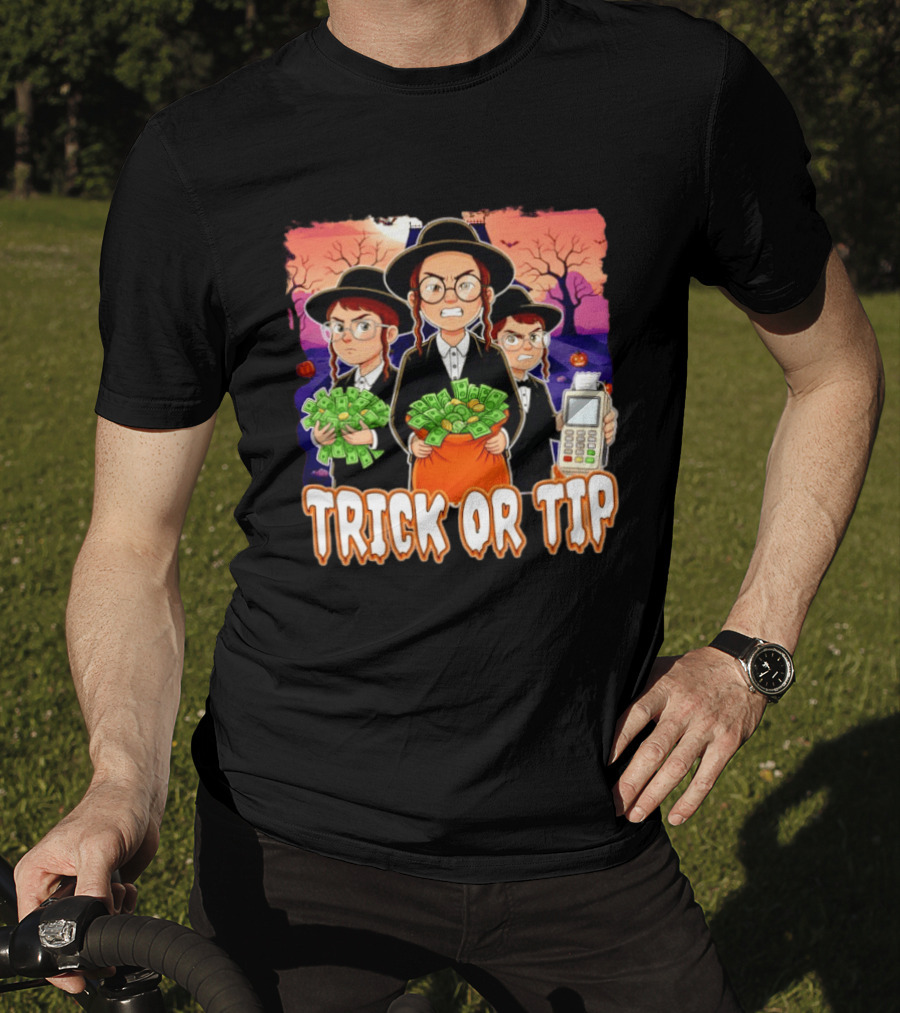 Trick Or Tip Halloween Money Bag Cartoon Characters Holding Cash And Payment Terminal T-Shirt