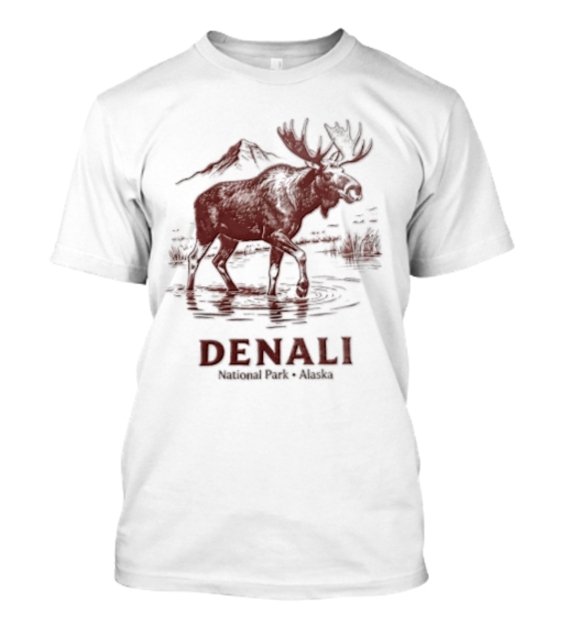 Denali Moose Walking In Water Near Mountain Scenery T-Shirt