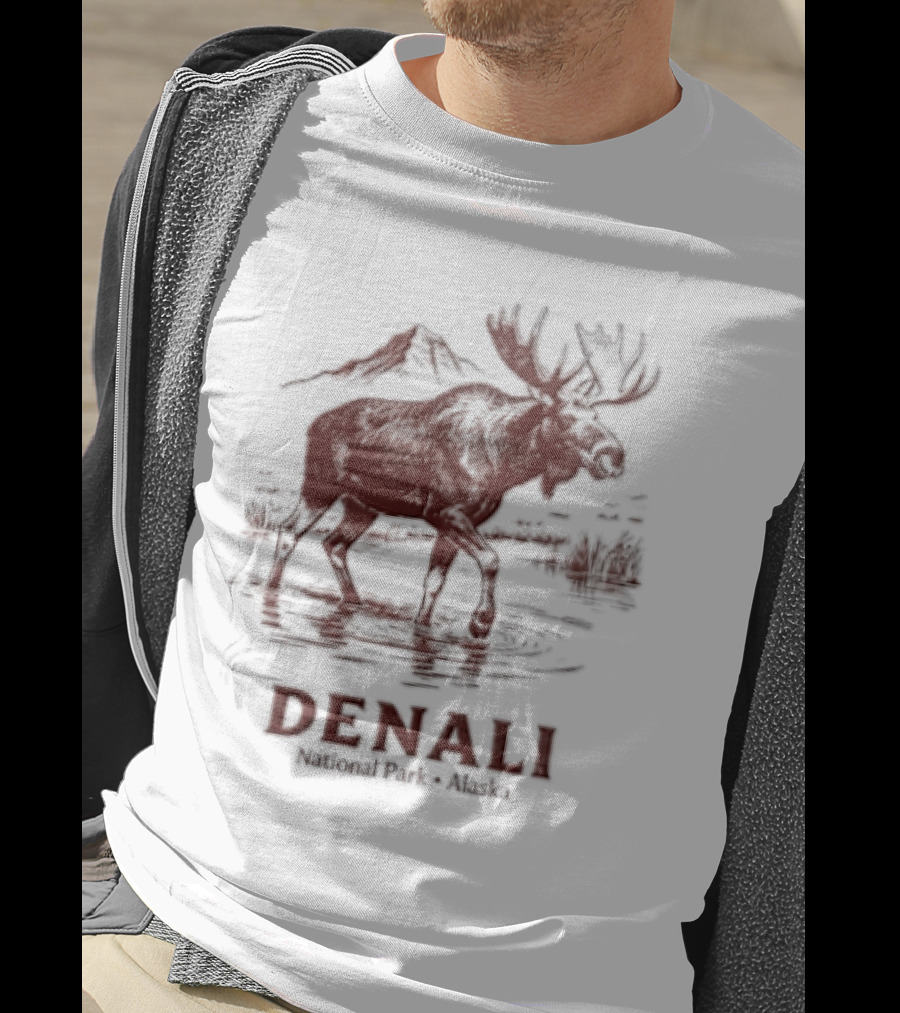 Denali Moose Walking In Water Near Mountain Scenery T-Shirt