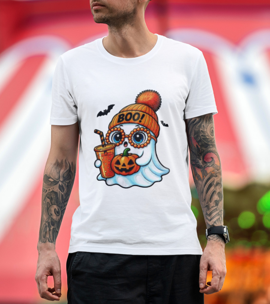 BOO Halloween Ghost With Pumpkin And Drink Spooky Fall Vibes T-Shirt
