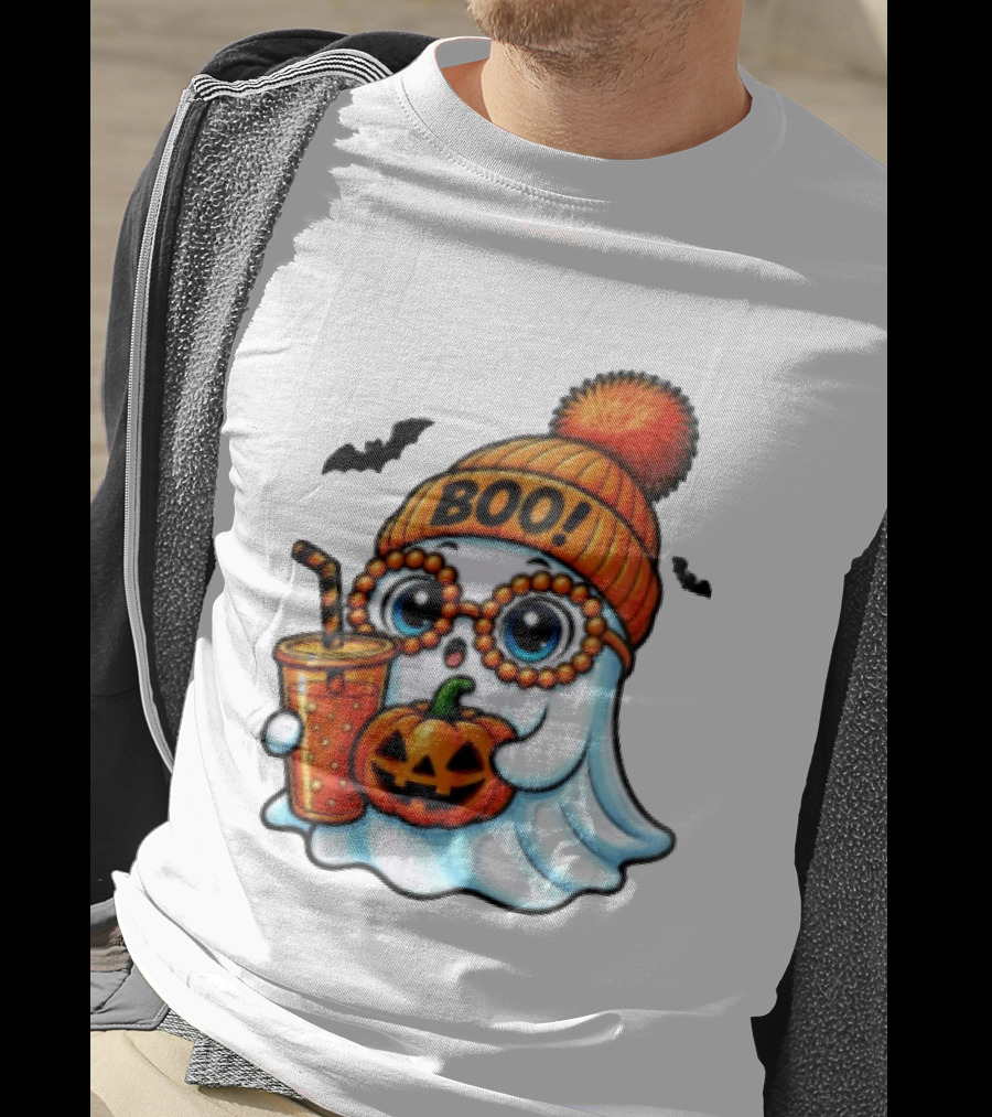 BOO Halloween Ghost With Pumpkin And Drink Spooky Fall Vibes T-Shirt