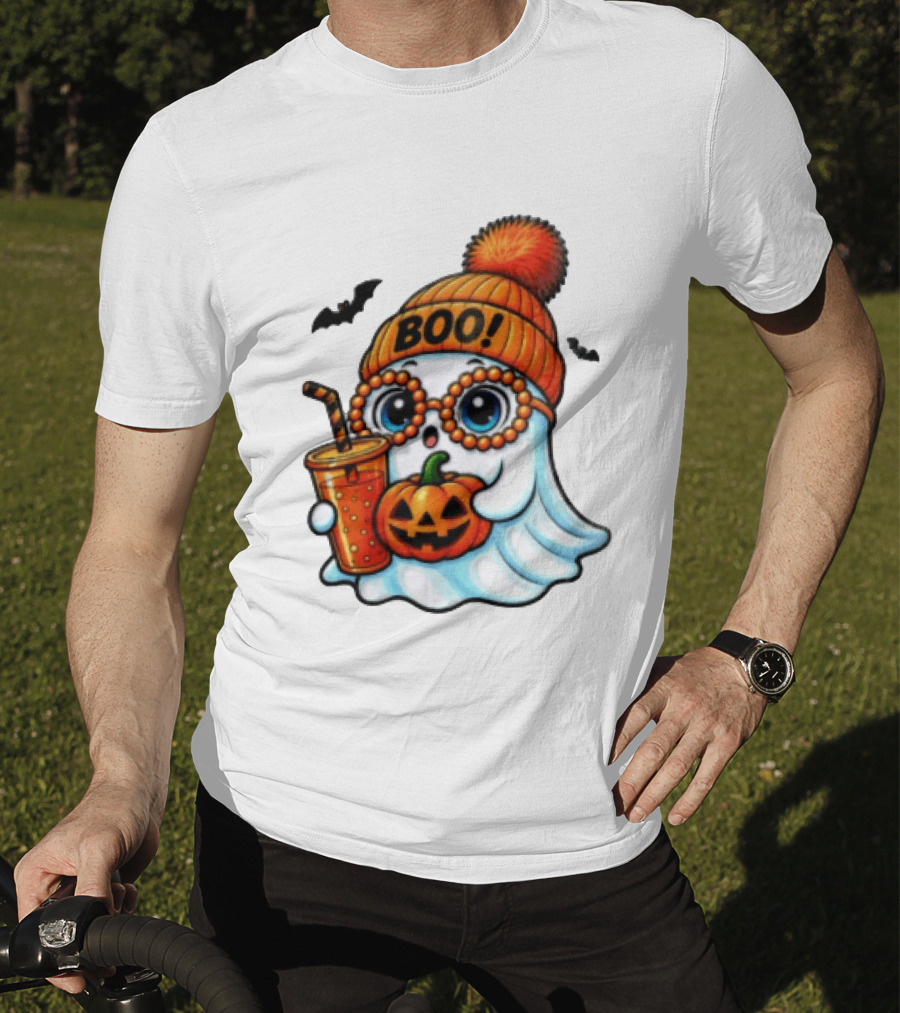 BOO Halloween Ghost With Pumpkin And Drink Spooky Fall Vibes T-Shirt