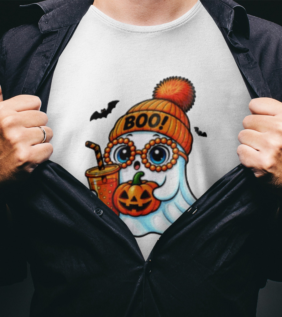 BOO Halloween Ghost With Pumpkin And Drink Spooky Fall Vibes T-Shirt