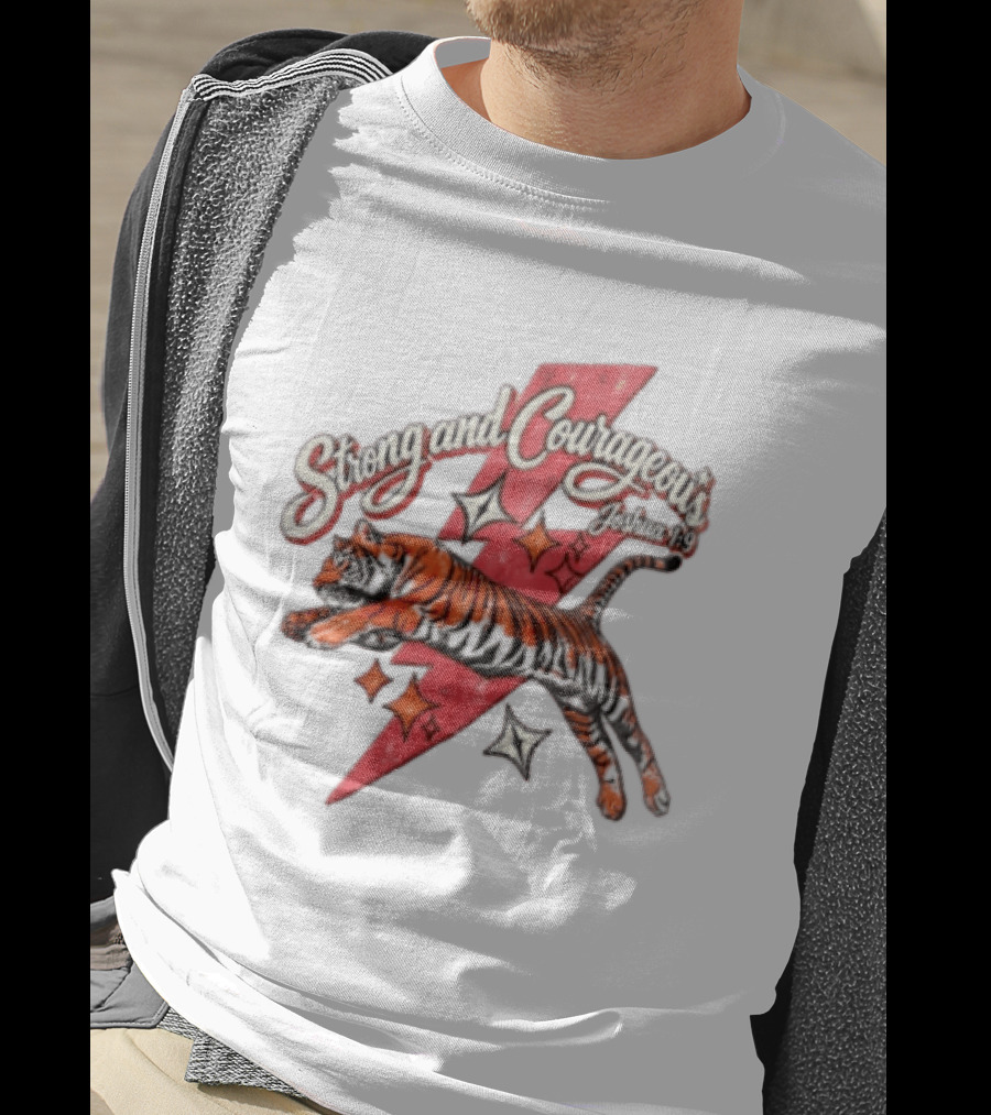 Strong And Courageous Joshua 1 9 Leaping Tiger Pink Lightning Bolt Stars T-Shirt