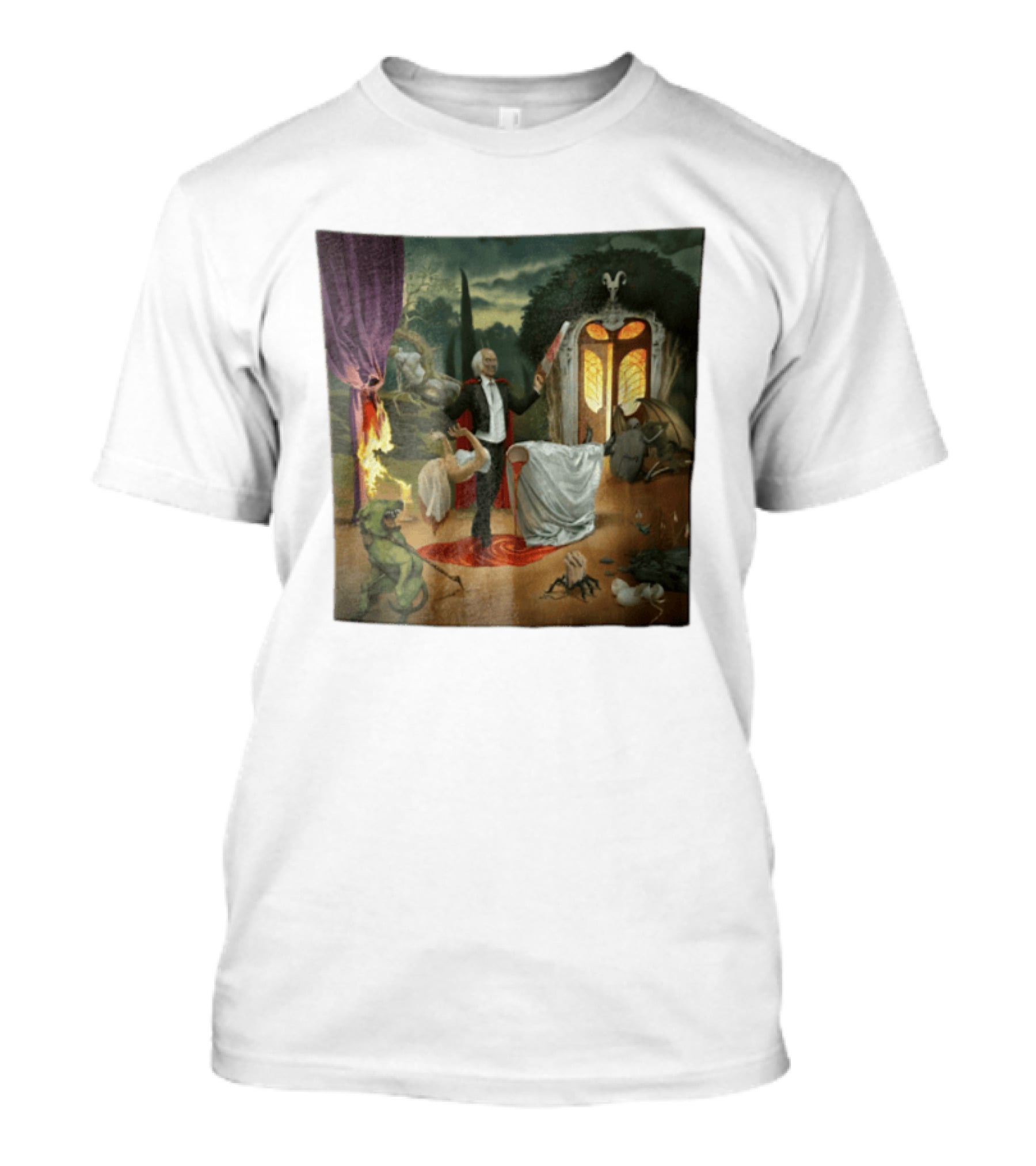 Surreal Gothic Man With Candle And Floating Figures Mysterious Enchantment T-Shirt