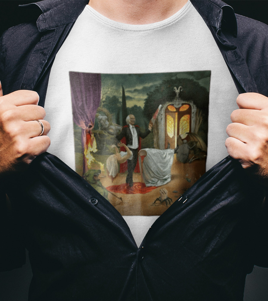 Surreal Gothic Man With Candle And Floating Figures Mysterious Enchantment T-Shirt