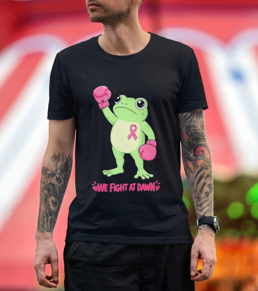 Boxing Frog We Fight At Dawn Breast Cancer Awareness Pink Gloves Ribbon T-Shirt
