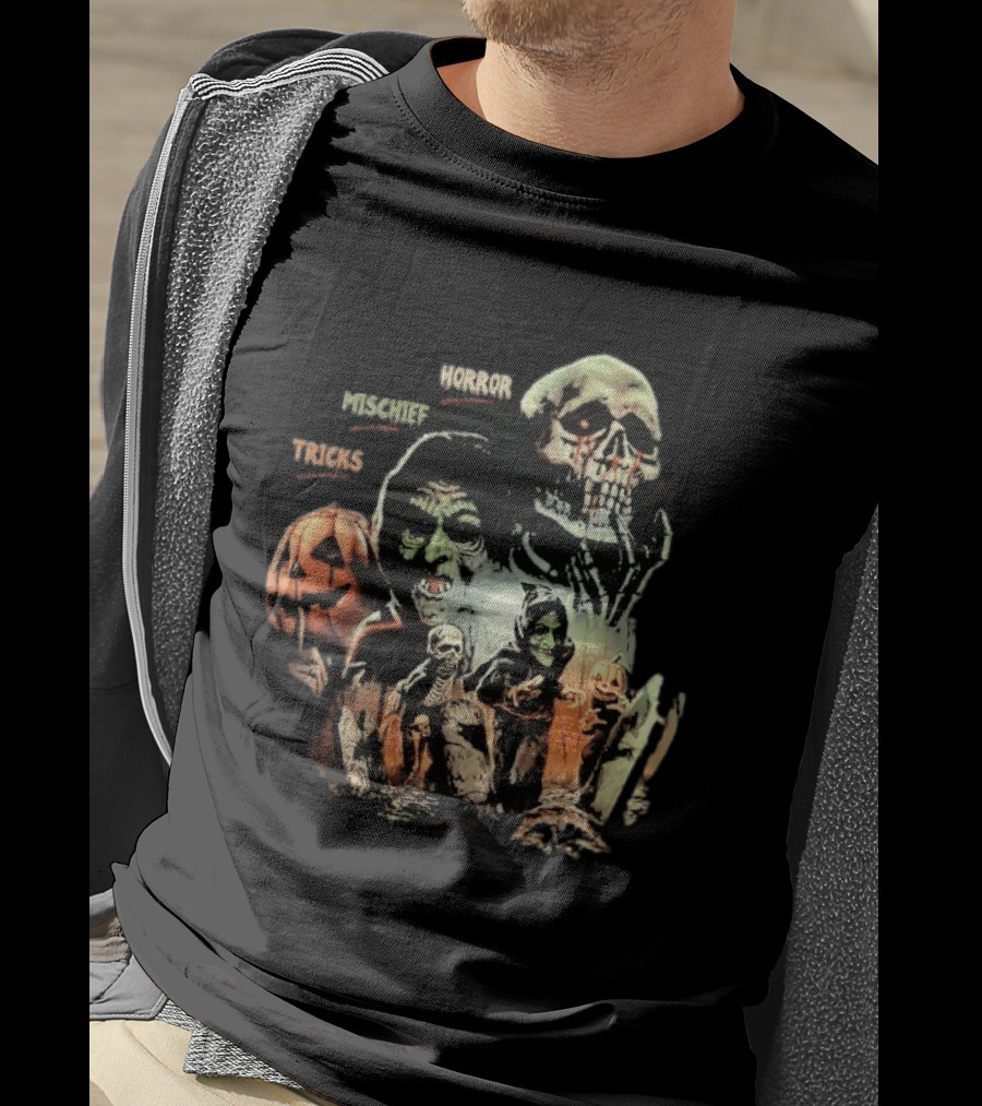 Halloween Horror Mischief Tricks Spooky Trio Skeletons And Jack O' Lanterns T-Shirt