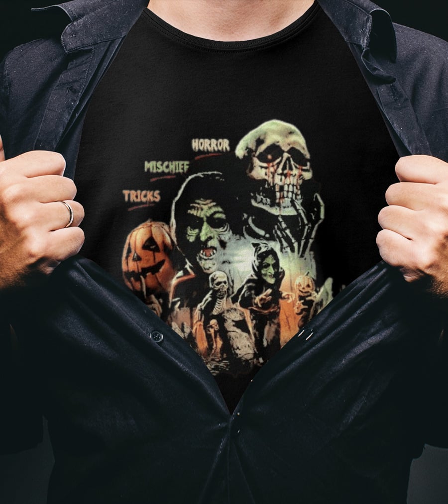 Halloween Horror Mischief Tricks Spooky Trio Skeletons And Jack O' Lanterns T-Shirt