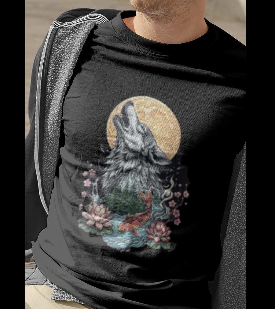 Howling Wolf Full Moon Koi Lotus Blossoms T-Shirt