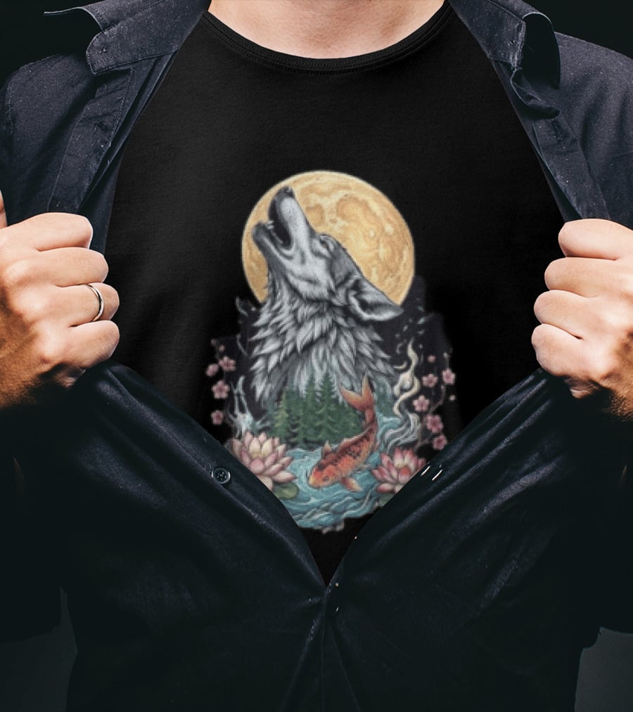 Howling Wolf Full Moon Koi Lotus Blossoms T-Shirt