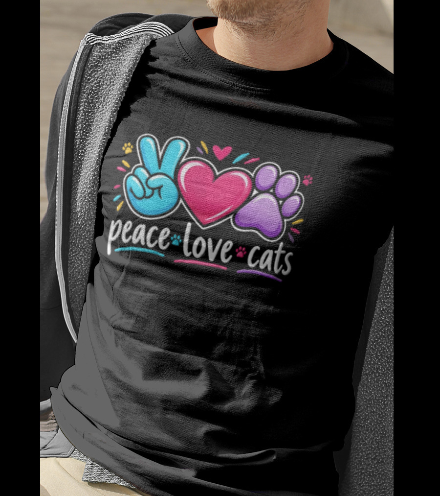 Peace Love Cats Sign Heart Paw Rainbow T-Shirt