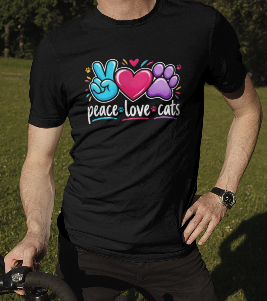 Peace Love Cats Sign Heart Paw Rainbow T-Shirt