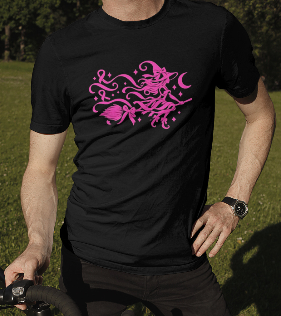 Pink Witch Riding Broom With Breast Cancer Awareness Ribbon T-Shirt