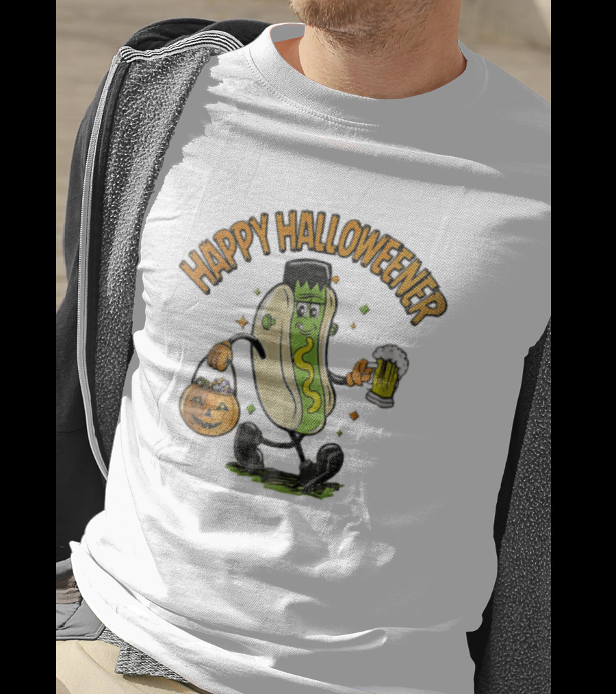 Happy Halloweener Frankenstein Hot Dog With Beer And Pumpkin Bucket T-Shirt
