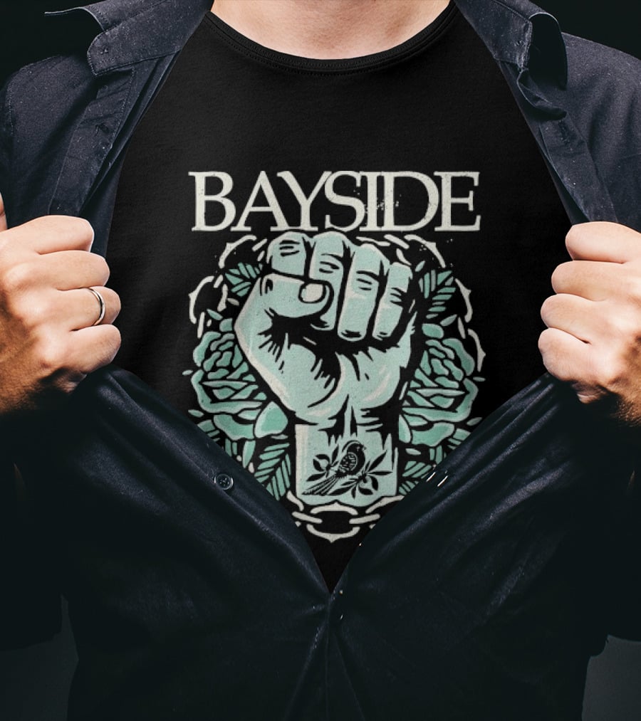 Bayside Acoustic Fist Tattoo Style With Roses And Fist In Chain Circle T-Shirt