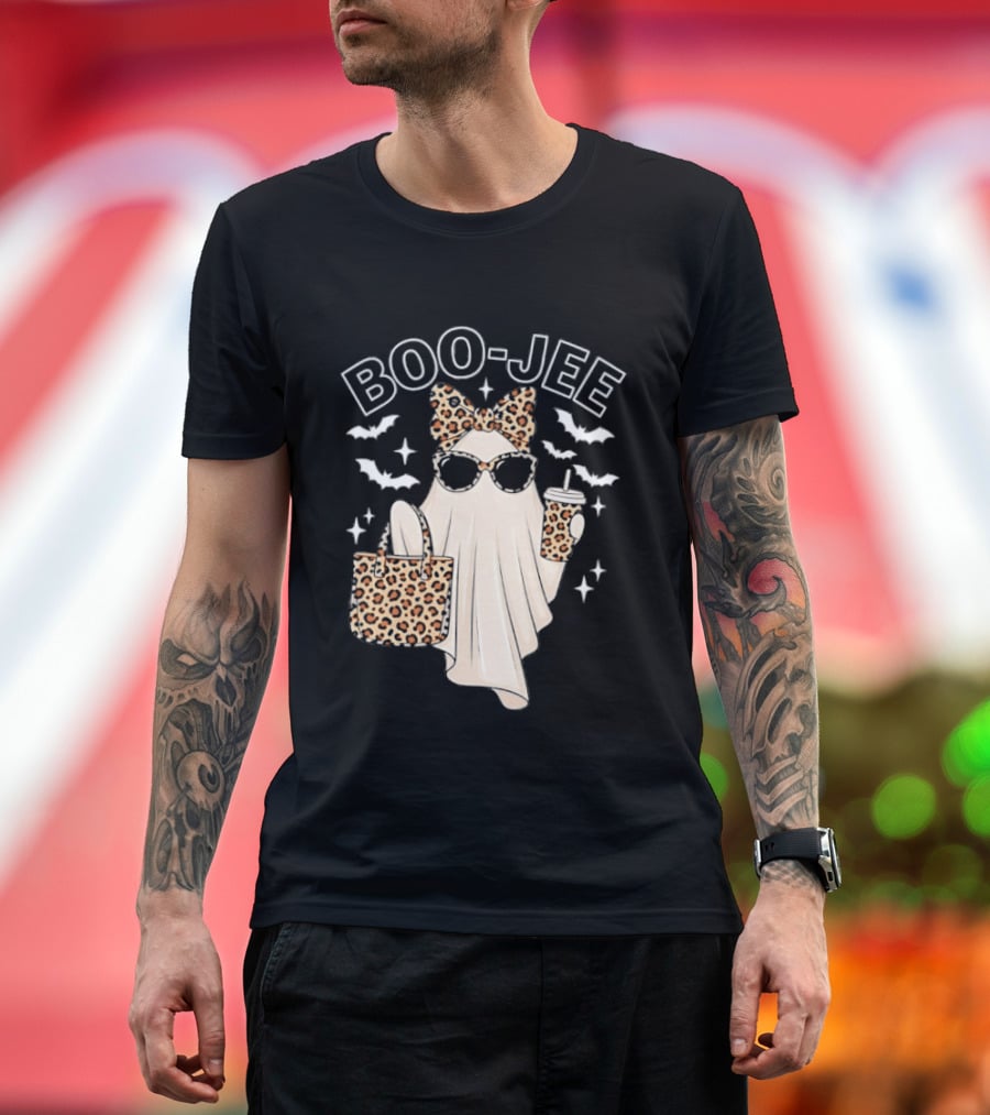 Boo Jee Stylish Ghost With Leopard Print Accessories And Bats T-Shirt