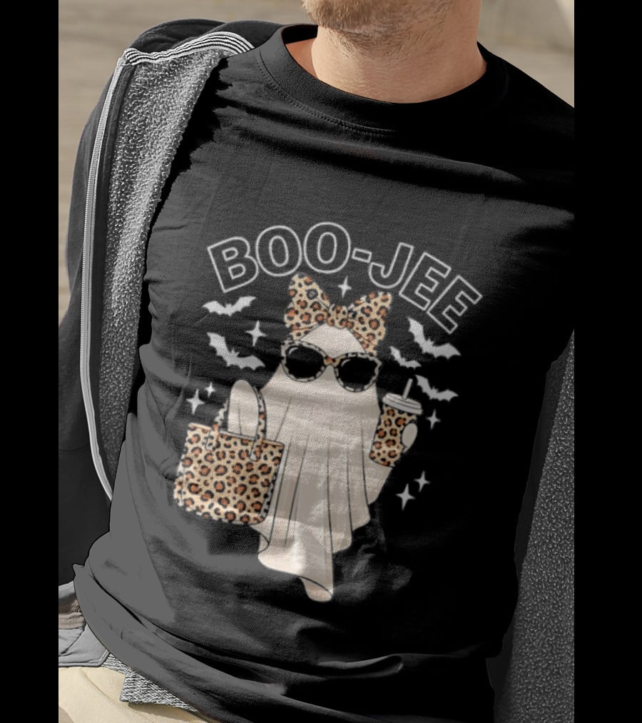 Boo Jee Stylish Ghost With Leopard Print Accessories And Bats T-Shirt