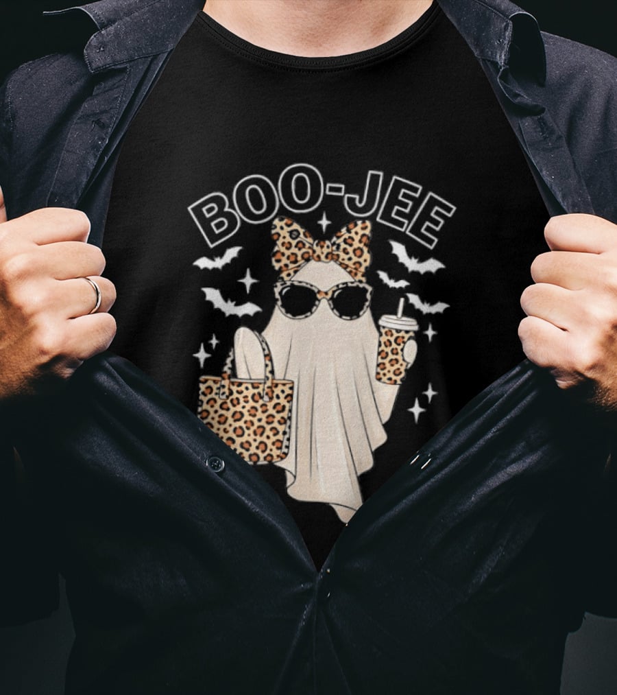 Boo Jee Stylish Ghost With Leopard Print Accessories And Bats T-Shirt