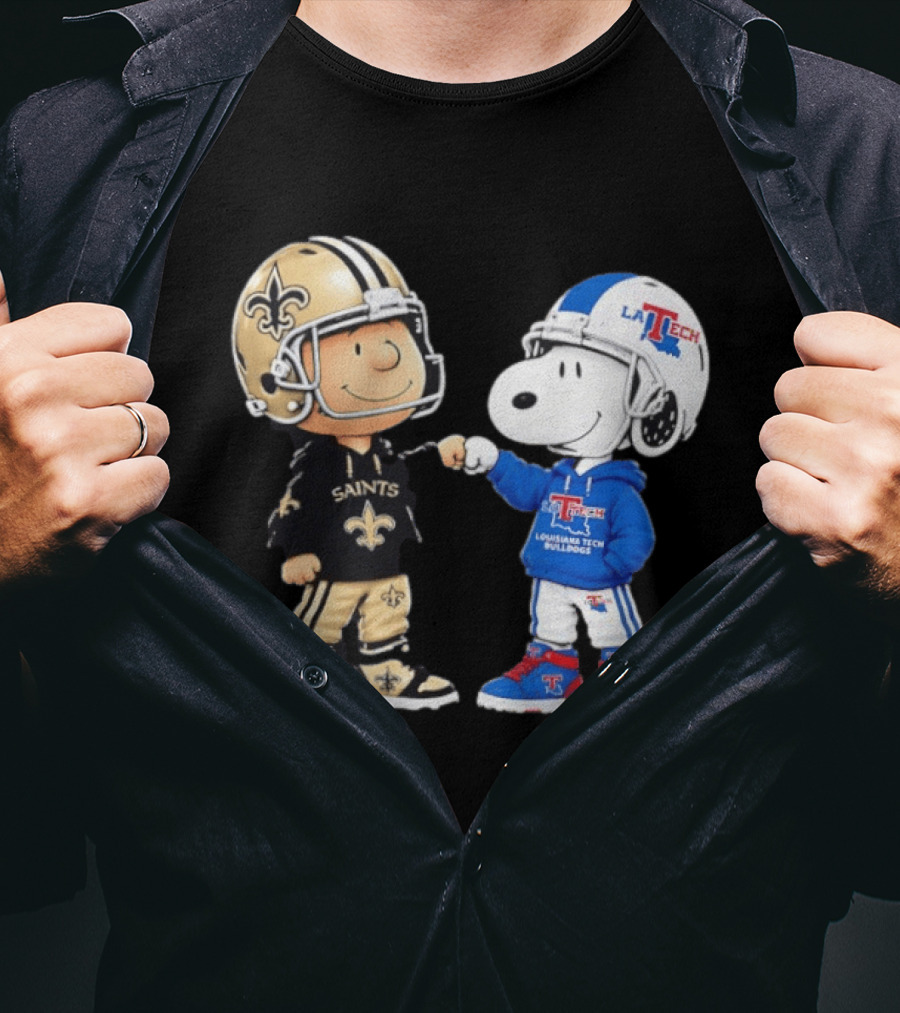 Charlie Brown Saints And Snoopy Louisiana Tech Bulldogs Team Helmet Fist Bump T-Shirt