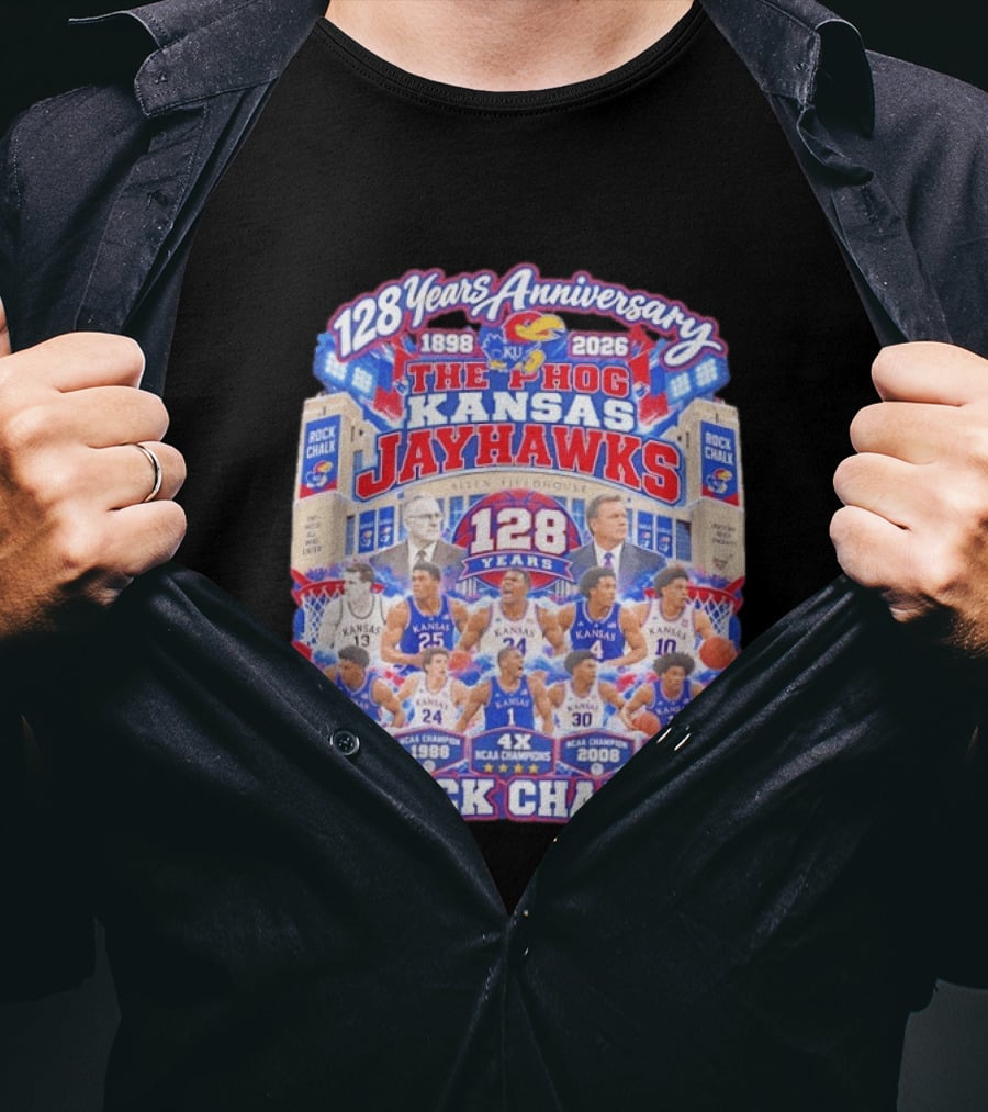 Kansas Jayhawks 128 Years Anniversary 1898 2026 The Phog NCAA Champions Rock Chalk T-Shirt