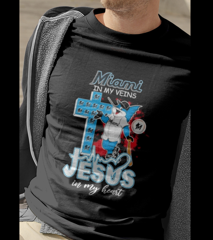 Miami Marlins In My Veins Jesus In My Heart Cross Baseball T-Shirt