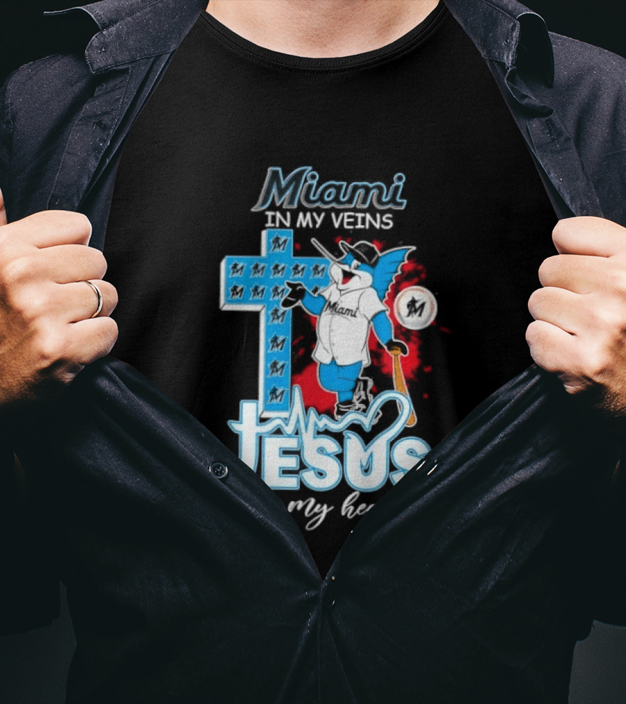Miami Marlins In My Veins Jesus In My Heart Cross Baseball T-Shirt