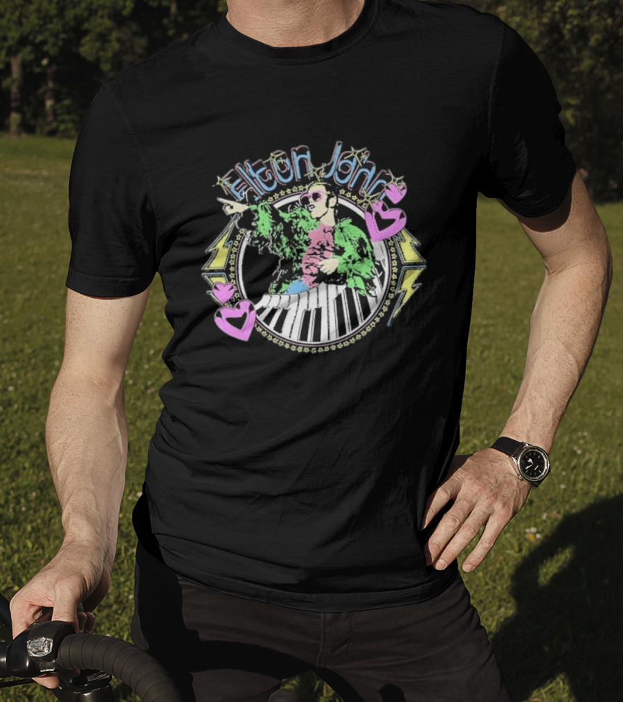 Elton John Distressed Colorful Piano And Hearts T-Shirt