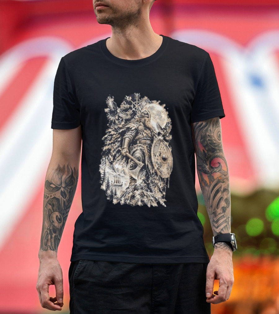 Norse God Viking Warrior Axe Valknut Symbol Raven Longship T-Shirt