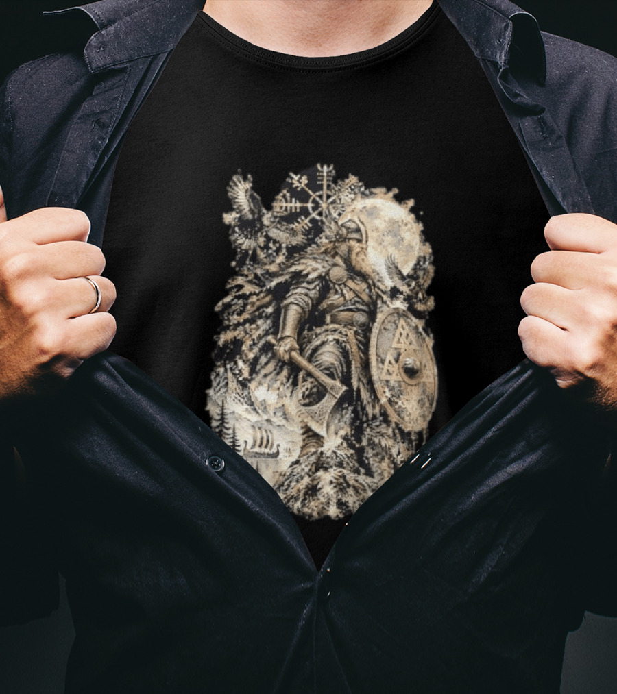 Norse God Viking Warrior Axe Valknut Symbol Raven Longship T-Shirt