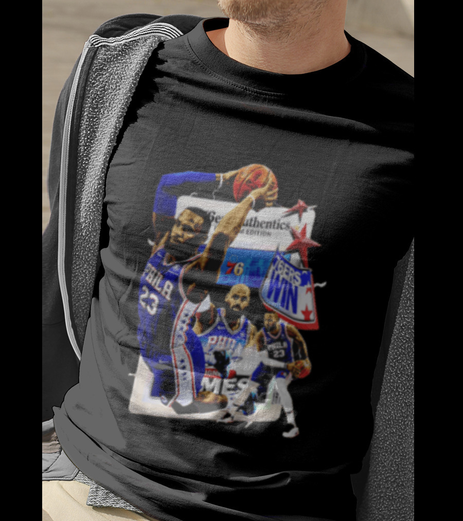Philadelphia 76ers Lebron James Dunking Collage 76ers Win Edition T-Shirt