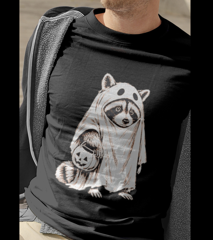 Raccoon Ghost Holding Pumpkin Bucket Halloween 2026 T-Shirt