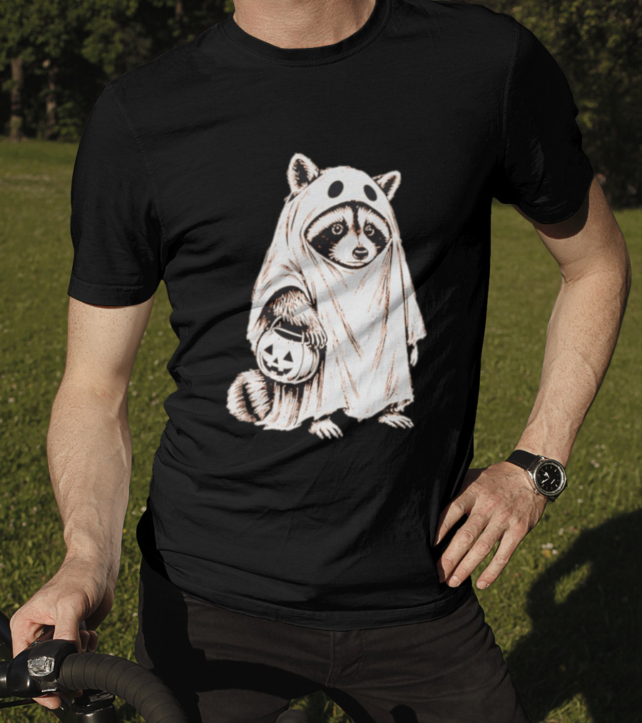 Raccoon Ghost Holding Pumpkin Bucket Halloween 2026 T-Shirt