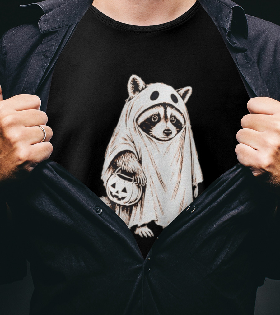 Raccoon Ghost Holding Pumpkin Bucket Halloween 2026 T-Shirt