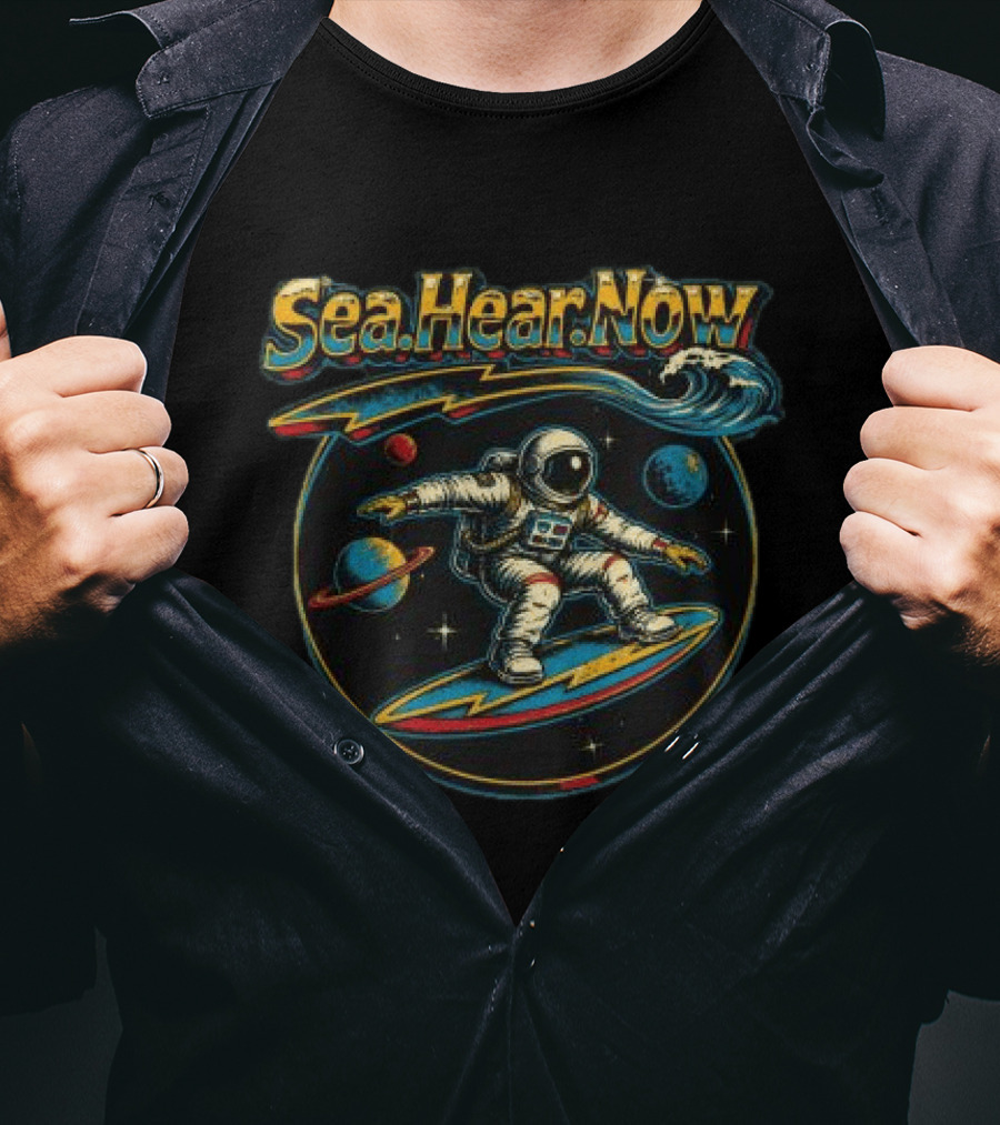 Sea Hear Now Astronaut Surfing Planets Lineup T-Shirt