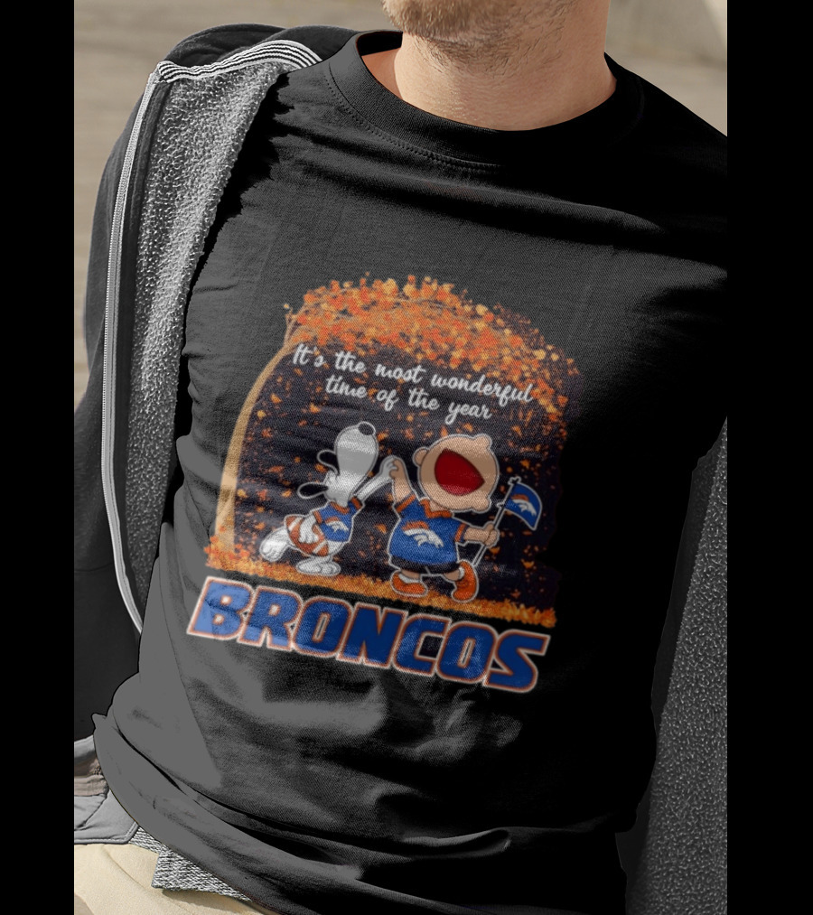 Snoopy And Charlie Brown Celebrating Denver Broncos It's The Most Wonderful Time Of The Year T-Shirt