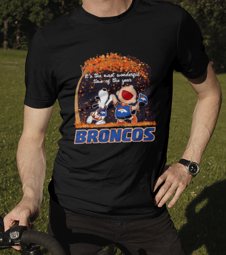 Snoopy And Charlie Brown Celebrating Denver Broncos It's The Most Wonderful Time Of The Year T-Shirt