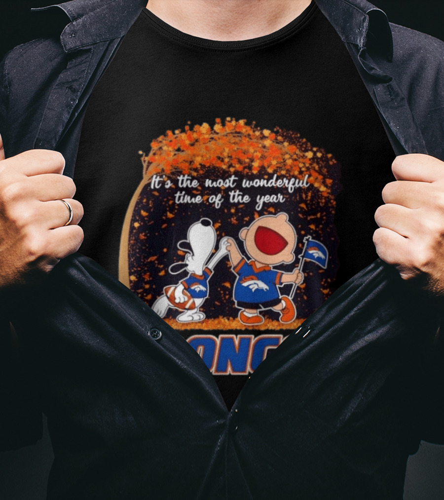 Snoopy And Charlie Brown Celebrating Denver Broncos It's The Most Wonderful Time Of The Year T-Shirt