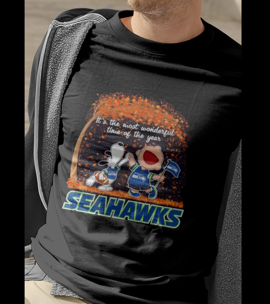 Snoopy And Charlie Brown Dancing Seattle Seahawks The Most Wonderful Time Of The Year T-Shirt