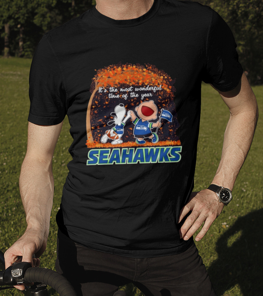 Snoopy And Charlie Brown Dancing Seattle Seahawks The Most Wonderful Time Of The Year T-Shirt