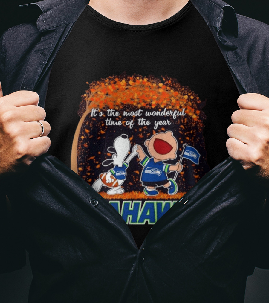 Snoopy And Charlie Brown Dancing Seattle Seahawks The Most Wonderful Time Of The Year T-Shirt