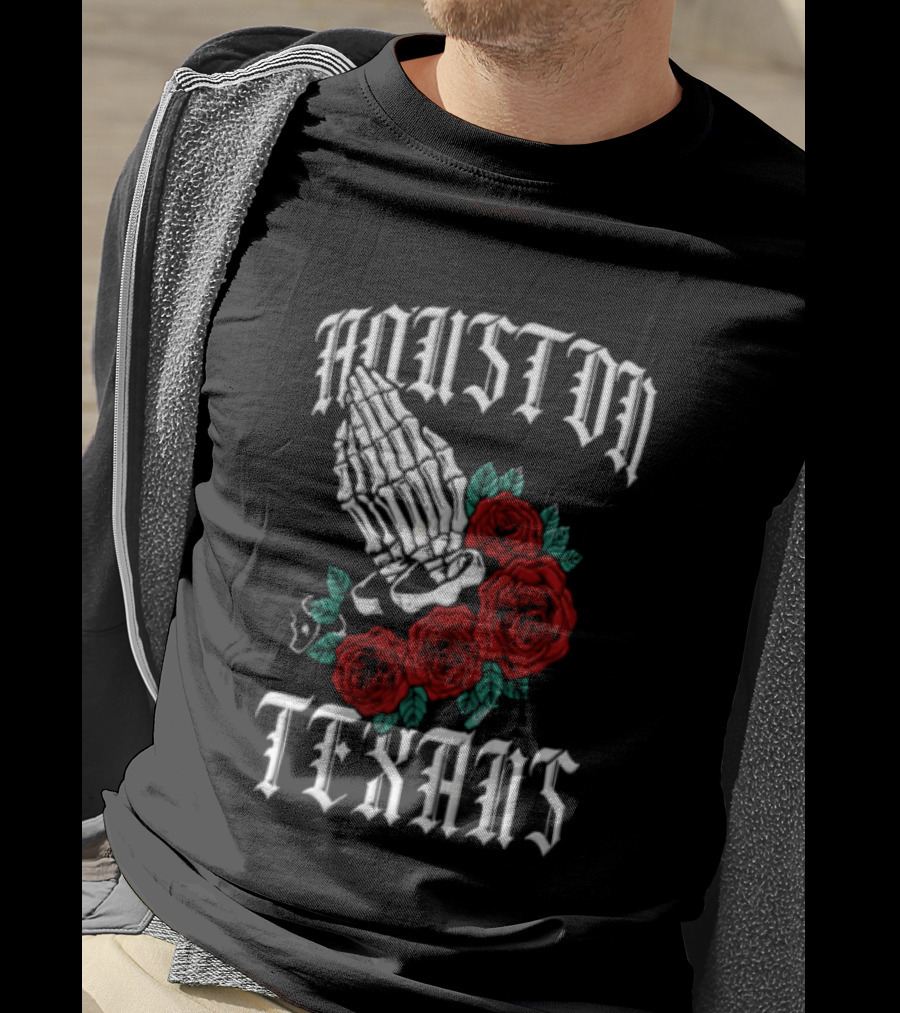 Houston Texans Praying Hands Red Roses Dia De Los Muertos T-Shirt